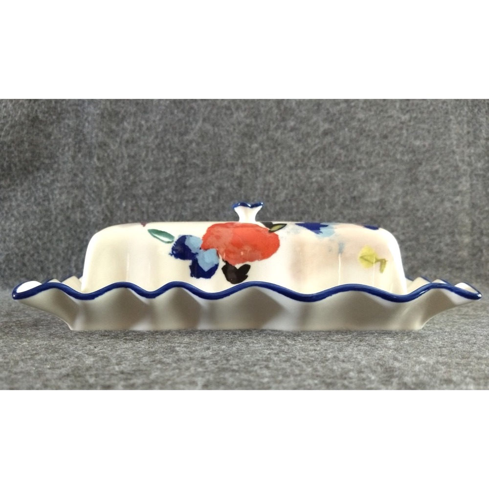 Anthropologie Luna Covered Butter Dish Blue Bird White Ruffled Edge Floral Knob